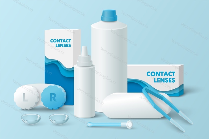 Contact lenses, container, tweezers and solution bottle mock up. Ophthalmology equipment for vision disorder correction. Realistic vector advertising medical poster or banner design