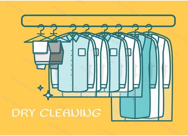 Dry cleaning vector. Laundry service illustration. Hanger with clean suit, jacket, pants and coat from Laundromat flat design. Textile cleaner public department