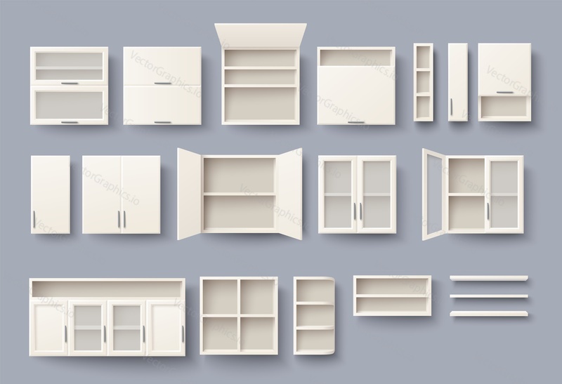 Kitchen cabinets set mockup. Vector furniture for design interior. Cabinetry, cupboard, bookshelf and shelves mounted on wall. Isolated home workspace equipment