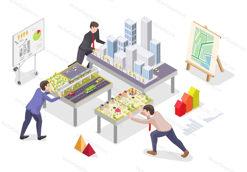 Urban area planning vector. Group of architect, engineer team working on megalopolis model with skyscrapers building illustration. Urban construction, city development and architecture