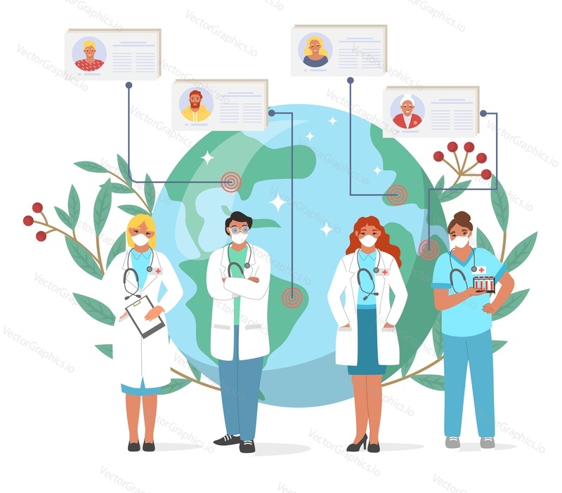 Doctor working online over world vector illustration. Worldwide healthcare medical service. Medic clinic staff wearing face mask standing over earth globe. Stop epidemic, save people live