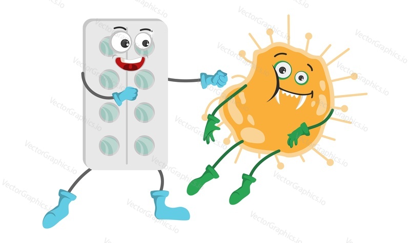 Cute tablet blister superhero boxing virus cell vector illustration. Funny battle between pills and dangerous bacteria. Health insurance, pharmaceutical disease treatment and medicine concept