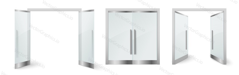 Closed and opened glass door realistic vector set. Transparent office or shop mall double automatic entrance doorway isolated on white background. Building architecture, exterior facade exit model