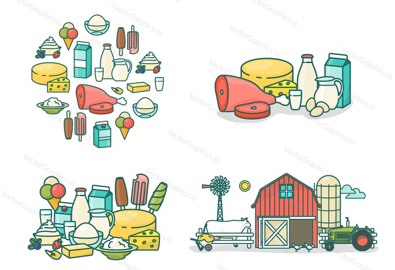 Dairy farm product isolated vector set. Fresh organic milk, cheese and meat production. Cattle husbandry illustration and healthy food for grocery shop