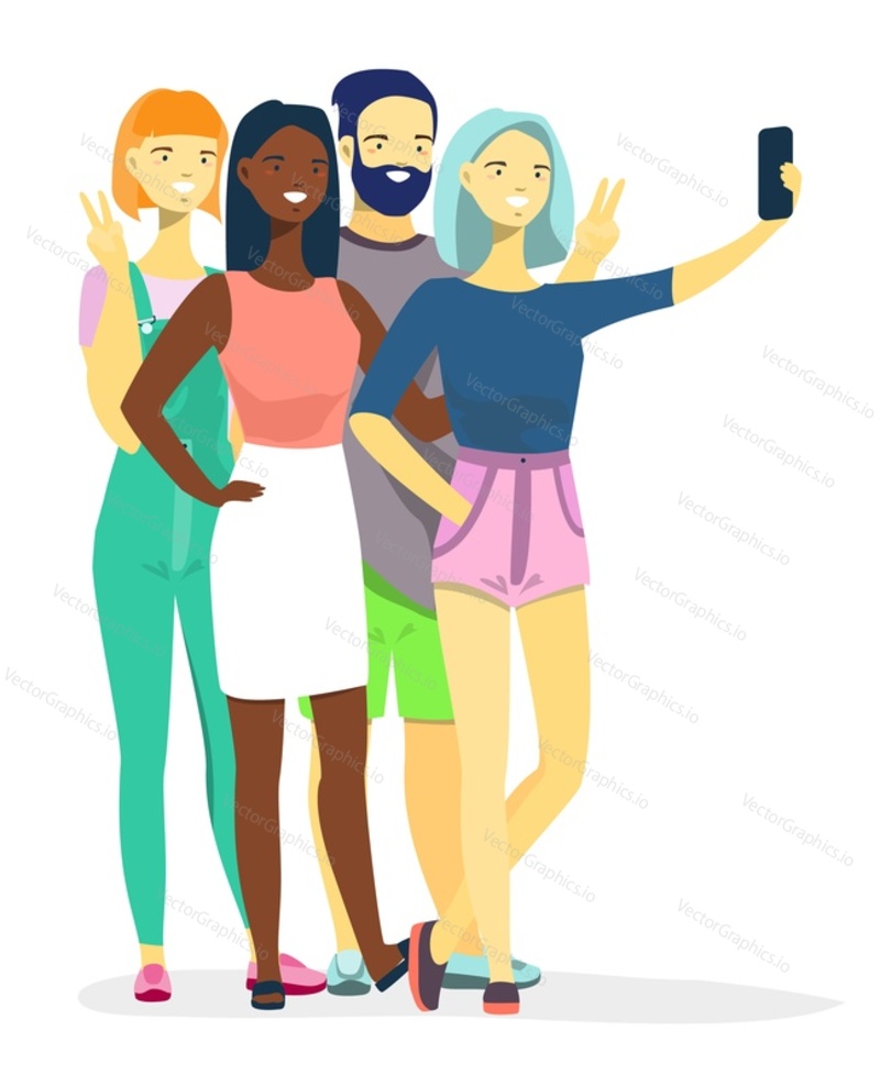 Diverse interracial friends taking selfie photo vector illustration. Happy smiling group of people posing for mobile camera making photography for social media standing isolated on white background