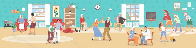 Old people home hobby scene. Nursing house pastime vector. Retiree lifestyle illustration. Activities for seniors concept. Elder fitness, health support, social activity. Older people time spending
