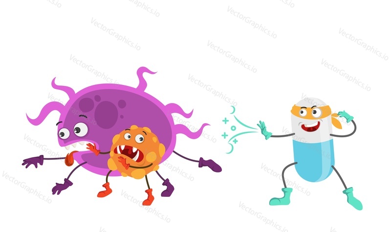 Funny superhero pill character fighting bacteria or virus vector illustration. Kawai antibiotic drug capsule, cute strong vitamin warrior mascot. Medicine, pharmacy and healthcare concept