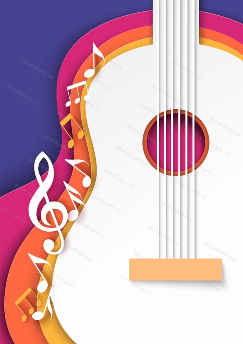 Music background. Guitar and notes paper cut design for invitation brochure template, leaflet flyer. Vector poster with musical motifs