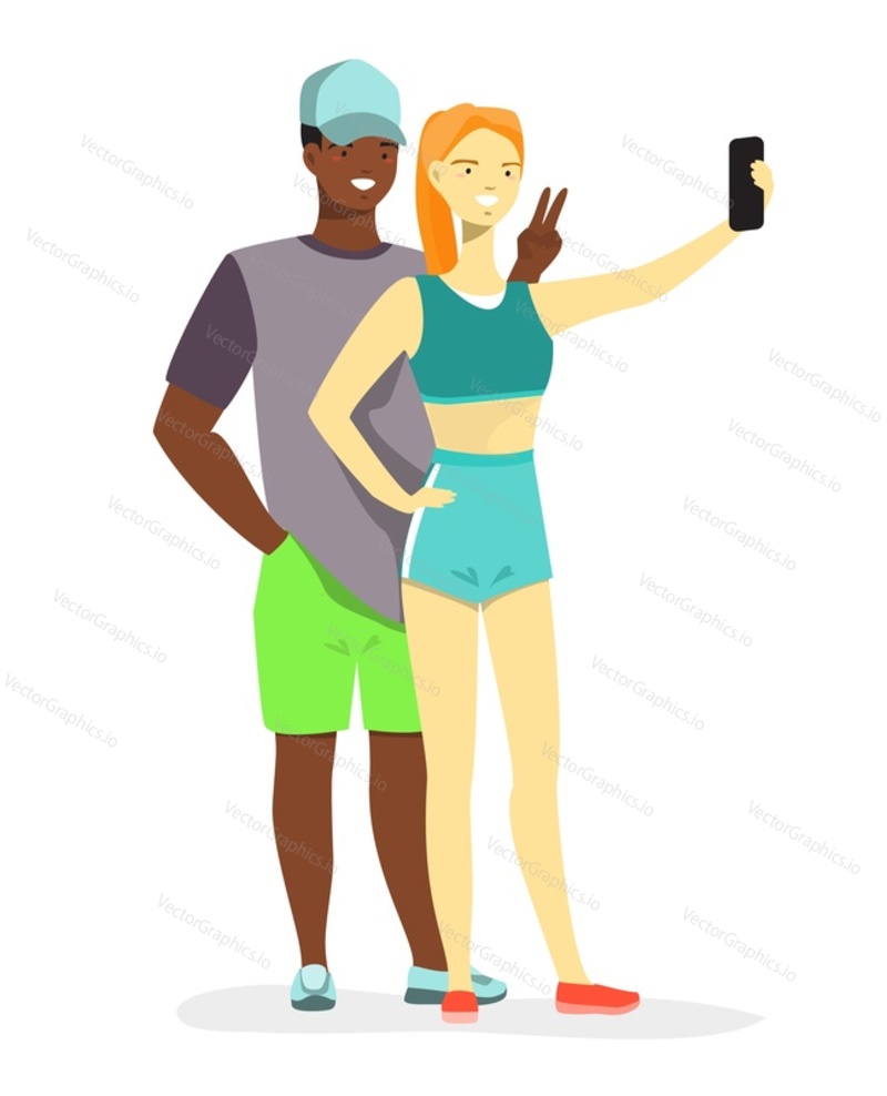Счастливая многонациональная пара, сделавшая селфи с помощью векторной иллюстрации камеры мобильного телефона. Семейная фотография молодого хипстера, сделанная на смартфоне. Портрет мужчины и женщины