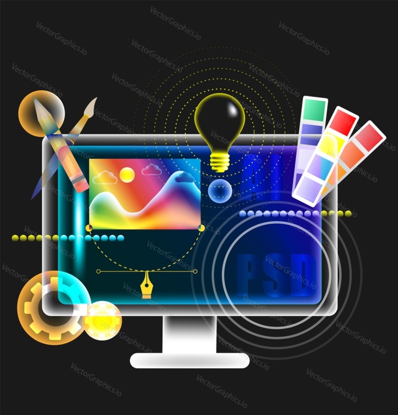 Web design creative vector banner template. Pc computer monitor screen illustration. Website development, coding and programming. Responsive layout internet site or app for device creation