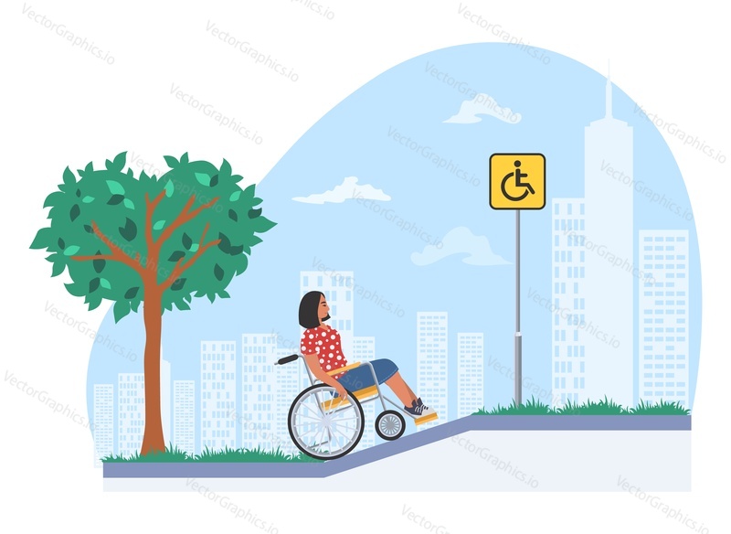Молодая женщина в инвалидной коляске едет по улице векторной иллюстрацией. Безбарьерная среда для людей с ограниченными физическими возможностями. Хорошо оборудованная парковая зона для людей с особыми потребностями