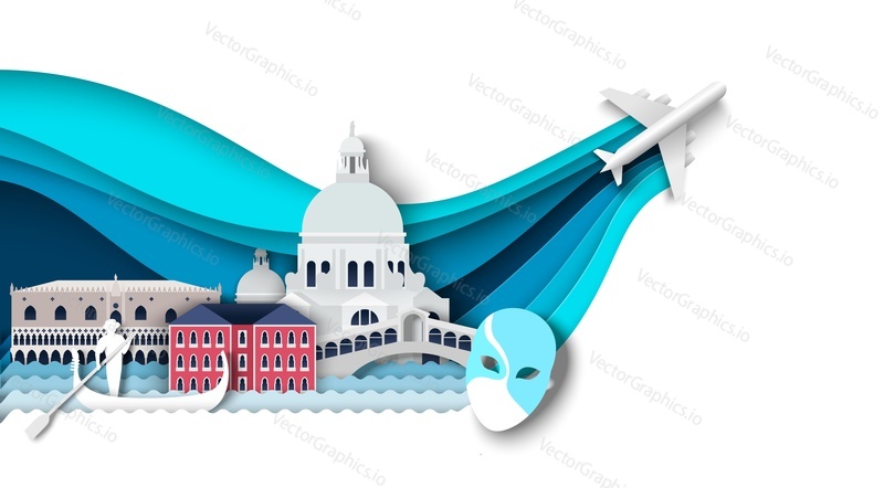 Venice travel vector illustration. Italy city famous landmark, gondola boat, vintage architecture sightseeing background in paper cut art style. Origami heritage building and airplane