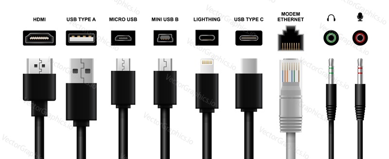 Computer cable, plug and wire realistic mockup vector set. Video, audio, usb, hdmi, network modem ethernet and electric connectors illustration