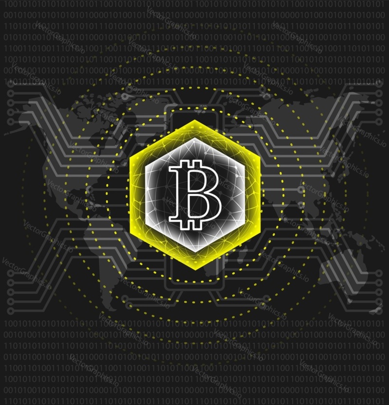 Bitcoin coin mining vector. Crypto technology futuristic background. Electronic money cryptography illustration. Blockchain banner template