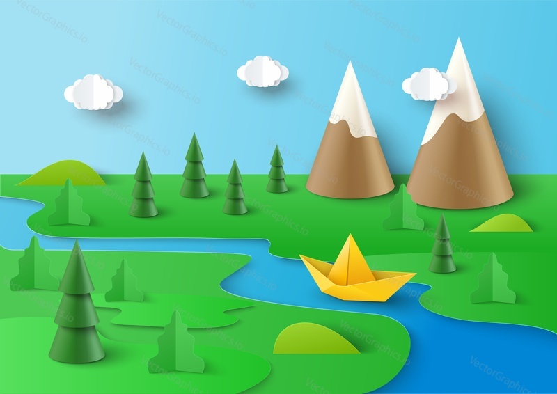 Вырезанный из бумаги фон природы. Вектор 3d-искусства горного пейзажа. Весеннее поле оригами с травянистой землей, небом и скалистым пиком, лодка, плывущая по реке, иллюстрация