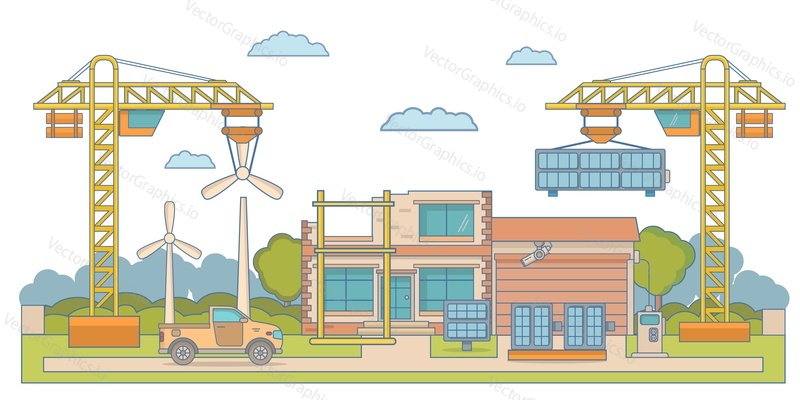 Renewable energy smart power system installation vector. Solar panels, wind turbines for high voltage electricity transmission construction site illustration