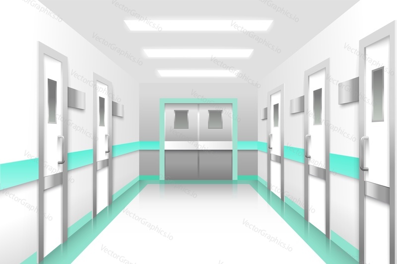 Реалистичный вектор больничного коридора. Иллюстрация интерьера коридора офиса клиники или центра неотложной помощи с закрытой дверью в операционную и рабочим местом врача