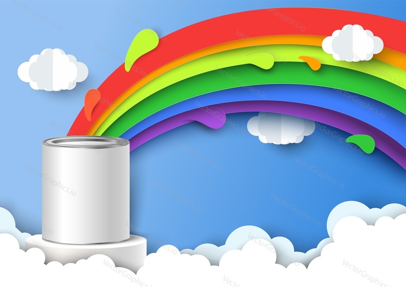 Tin of paint with papercut rainbow stroke over white clouds vector illustration. Creation and design concept. Art studio, home renovation service and craft master class advertisement