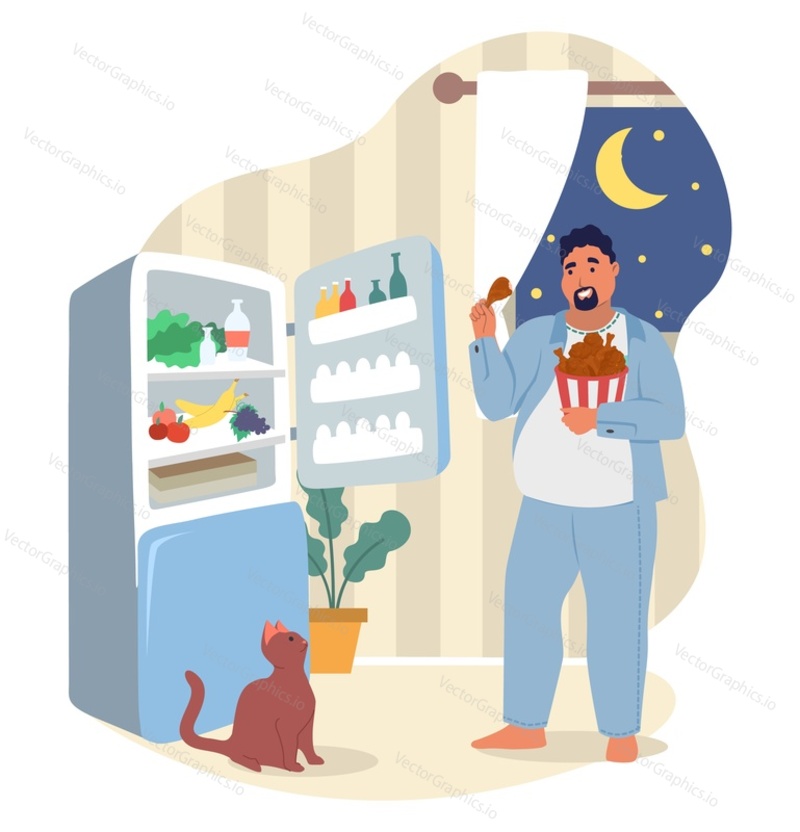 Толстяк ест еду возле открытого холодильника ночью в мультяшном векторе. Голодный персонаж мужского пола с проблемой веса и расстройством, связанным с ожирением