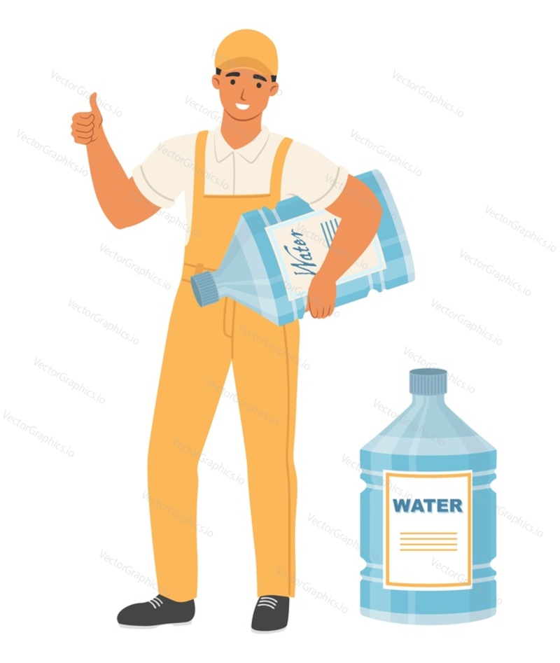Water delivery fast service man vector illustration. Deliveryman holding big bottle gesturing like hand sign. Advertisement concept