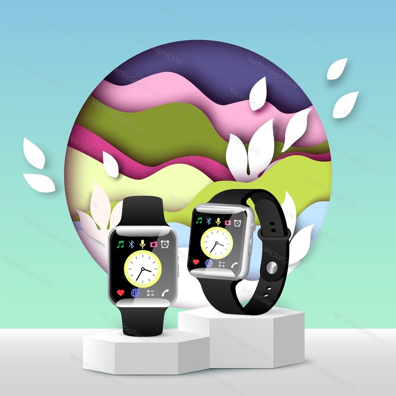 Презентация умных часов. Векторные 3d-носимые наручные часы на подиуме поверх вырезанного из бумаги цветного фонового шаблона дизайна рекламы. Выставка электронных браслетов