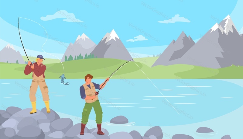 Рыбак с помощью удочки ловит рыбу на берегу горной реки векторная иллюстрация. Мужчина-рыбак любит активный образ жизни. Концепция спортивного хобби и туризма