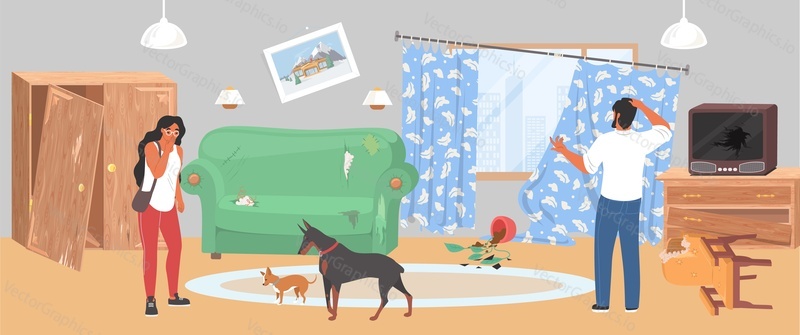 Векторная иллюстрация проблемы плохого поведения собаки и щенка. Непослушный питомец в грязной захламленной комнате с поврежденной мебелью и расстроенными персонажами владельца - мужчиной и женщиной