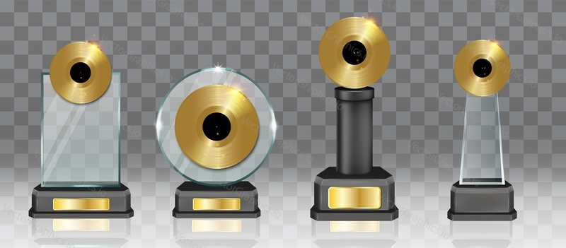 Music award realistic vector mockup isolated set on transparent background. Glass golden top charts audio discs reward. Songs and singers prize illustration