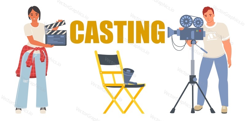 Casting vector. Movie producing, film direction and studio shooting stage design elements. Director chair with loud speaker woman with clapper board and cameraman illustration