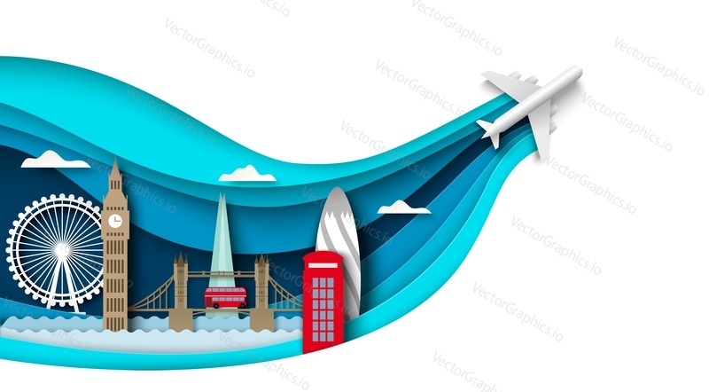London travel vector. England city skyline background with landmark panorama in paper cut art style. Origami cityscape with famous british architecture. Vacation tour and world tourism