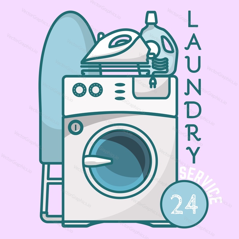 Laundry service around the clock flat vector. Washing clothes laundromat, public dry-cleaning, launderette, stain removal, ironing advertising banner template