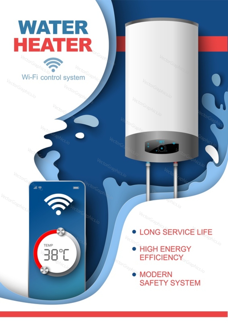 Реклама умного водонагревателя или бойлера. Векторный плакат, листовка или брошюра с системой управления Wi-Fi для нагрева воды с длительным сроком службы и высокой энергоэффективностью. Современная безопасная бытовая техника
