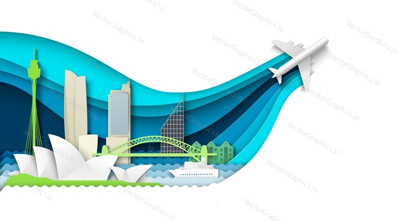 Australia travel paper cut 3d vector illustration. Abstract skyline with landmark map architecture. Sydney city discover. Adventure and tourism concept
