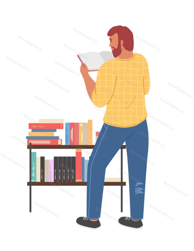 Young bearded man reading book vector illustration. Male reader flat character standing front of book shelf isolated on white background. Smart guy enjoy hobby. Student studying preparing for exam
