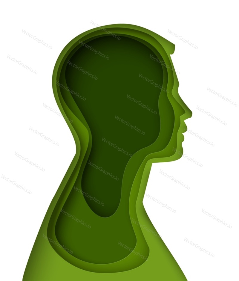 Вектор вырезания профиля головы из бумаги. Иллюстрация силуэта человека сбоку в стиле арт-крафт. Психология и психическое здоровье, йога и осознанность, концепция медицины и терапии