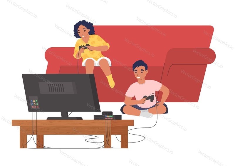 Дети сидят на диване и играют в векторную видеоигру. Брат и сестра проводят свободное время вместе дома. Персонажи- мальчик и девочка, использующие геймпад и развлекающиеся в помещении иллюстрация