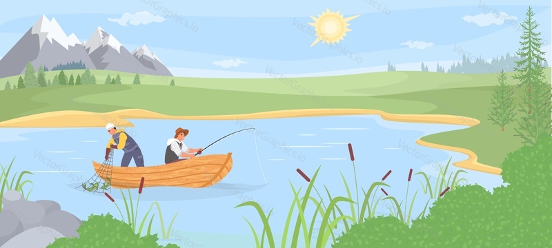 Рыбак, использующий удочку и сеть в лодке на фоне летнего пейзажа векторная иллюстрация. Персонаж мужского пола ловит рыбу. Концепция спорта и хобби