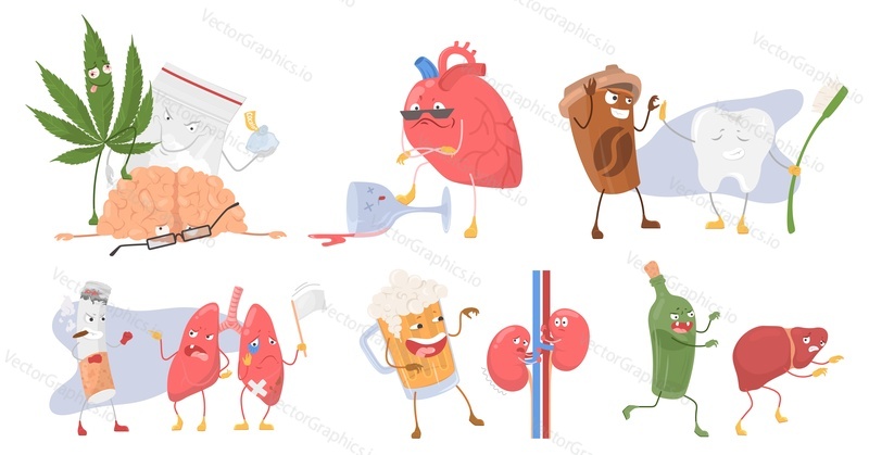 Bad habits vector set. Unhealthy lifestyle and problem with internal organs. Alcohol, tobacco cigarette smoking, forbidden drugs and coffee influence illustration. Risk for