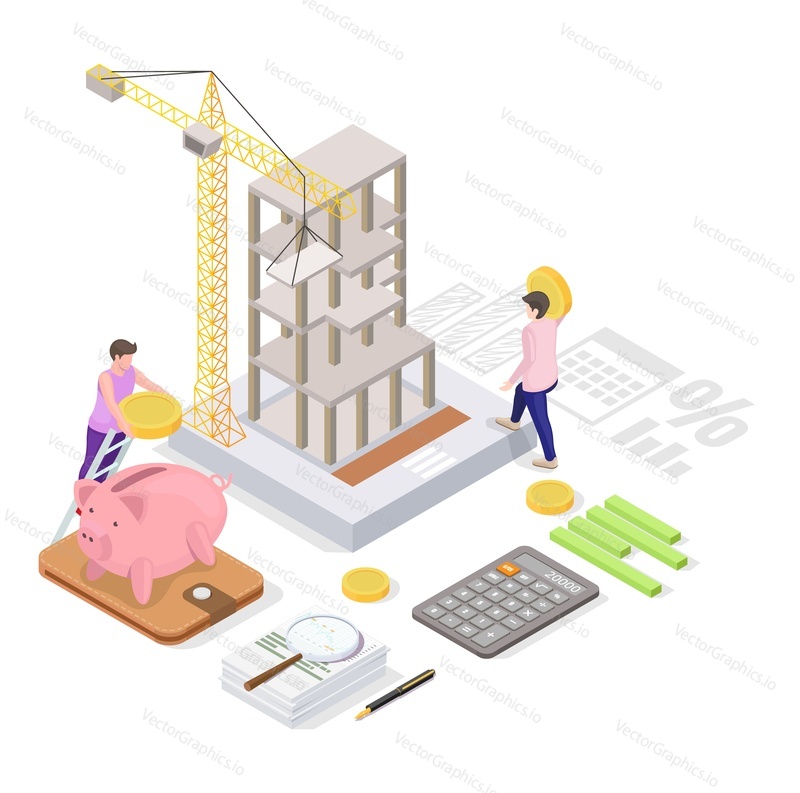 People doing real estate investment 3d vector. House mortgage calculation, residential budget, money savings for home refinance. Man calculating profit, cost and expenses isometric illustration