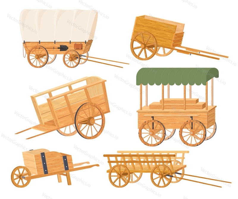 Wooden carts and wheelbarrow isolated vector set. Vintage wood farming or garden vehicles, old wildwest chariot, traditional cargo cartwheel illustration