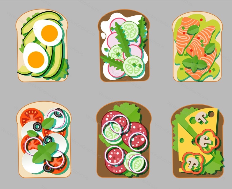 Sandwich set. Healthy fast food flat vector. Toasted bread with different ingredient illustration. Fastfood snack menu for restaurant, bistro or cafe. Traditional meal for lunch