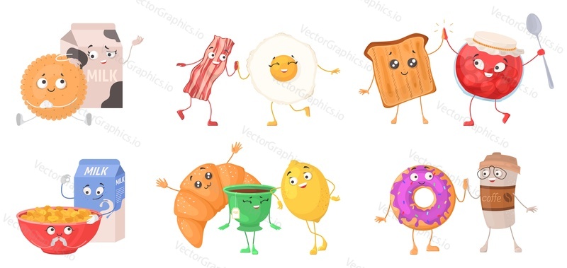 Cheerful breakfast vector set. Happy cute kawai milk packet, cookies and porridge, eggs with bacon, bread and jam, donut and pancake, croissant lemon and tea illustration. Isolated cute food