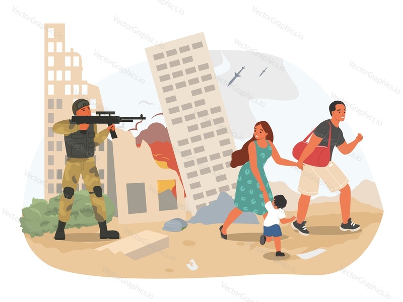 Концепция войны и военного вторжения. Векторный солдат в униформе целится из винтовки в иллюстрацию семьи беженцев. Фон бомбящего города