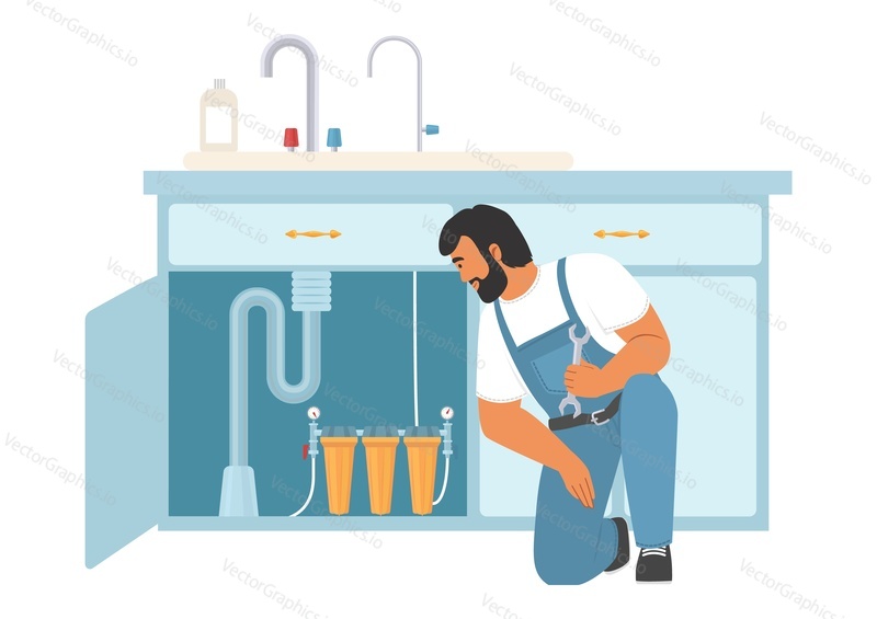 Plumber repairing or installing water filtration system at home vector illustration. Repairman character doing sanitary work eliminating leakage on kitchen. House engineering networks servicing
