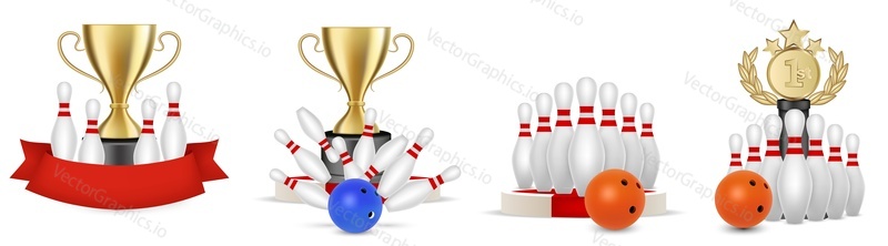 Bowling isolated icon set. Vector ball and bowls with award trophy cup for winners illustration. Sport recreation and championship tournament