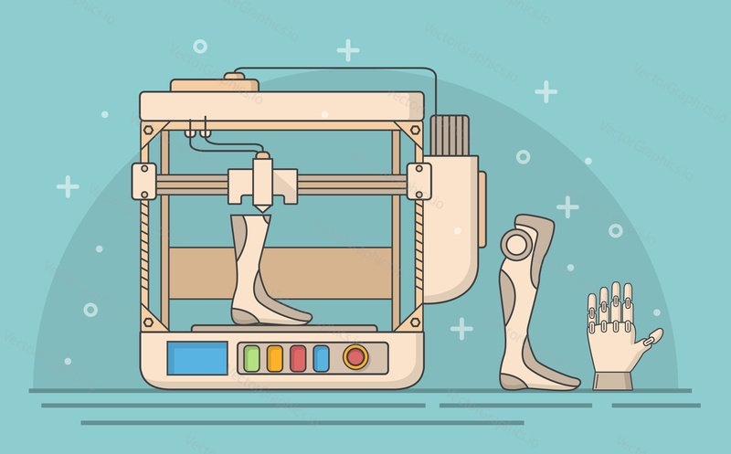 Вектор медицинского 3d-принтера. Печать протезов ног человека и создание прототипов в лабораторных условиях. Биотехнология, моделирование и медицина