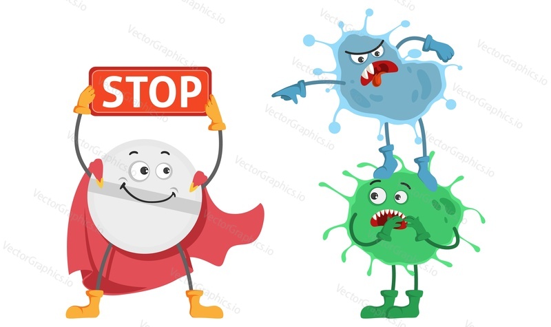 Superhero tablet stop bacteria vector illustration. Super hero pill in mask and cloak holding prohibition sign standing front of naughty angry virus or microbe. No infection, fight against infection outbreak