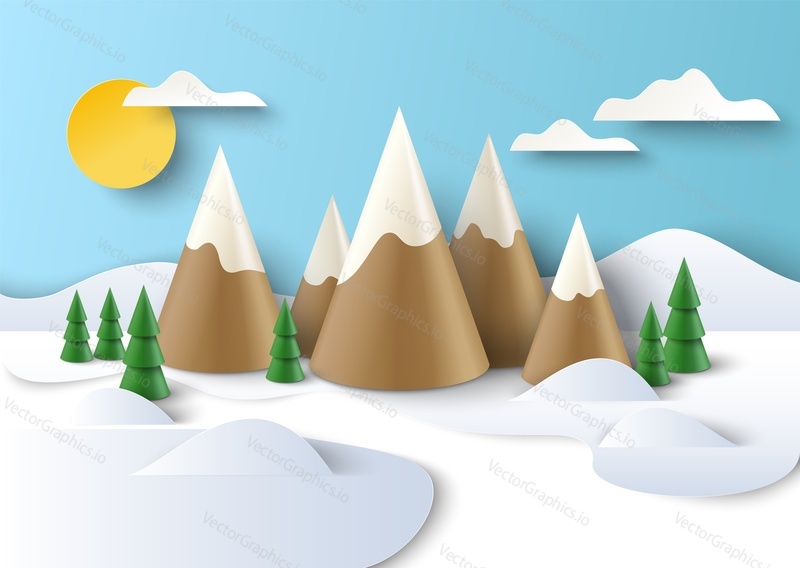Winter mountains landscape vector 3d art design. Snowy valley with mount peak and forest tree wallpaper background. New year and Christmas concept