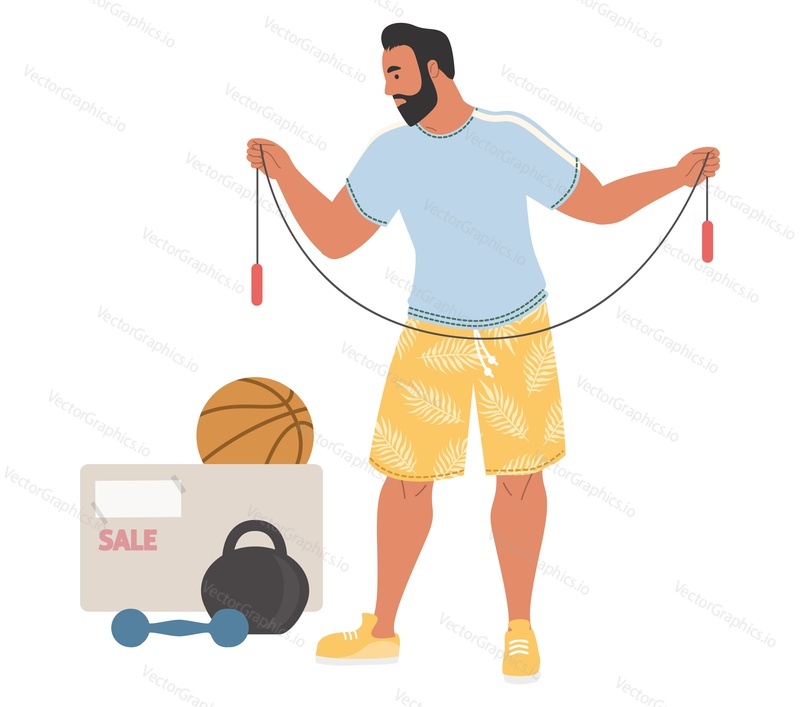 Man buying sports equipment at garage sale vector illustration. Used things selling event. Free time outdoor activity. Discounts on non-new items