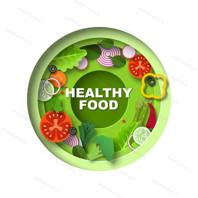 Векторный логотип здорового питания в стиле вырезки из бумаги. Свежие кулинарные фруктово-овощные ингредиенты в художественном оформлении оригами. Концепция кулинарного туризма, кулинарии и диеты